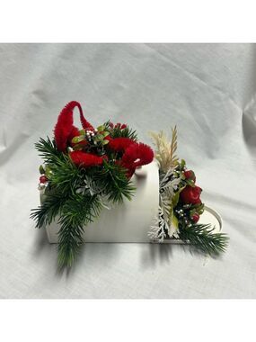Vintage Christmas Center Piece Tin Mail Box Gifts Greenery Pine Cone Berry